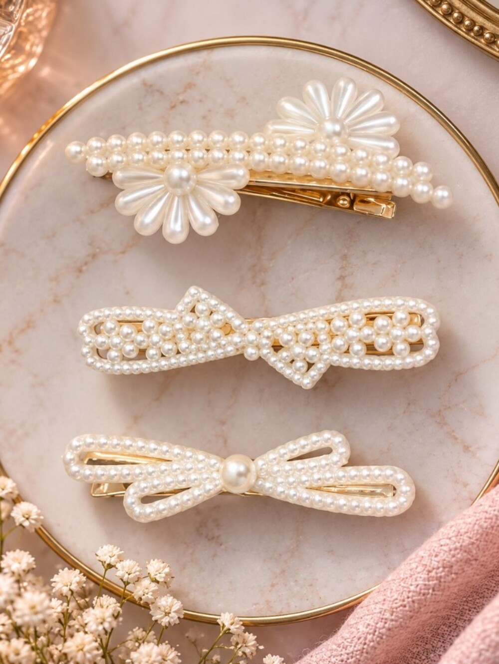 Pearl Decorative Hair Clips Set - Bow Floral Pearl Barrette Trio New